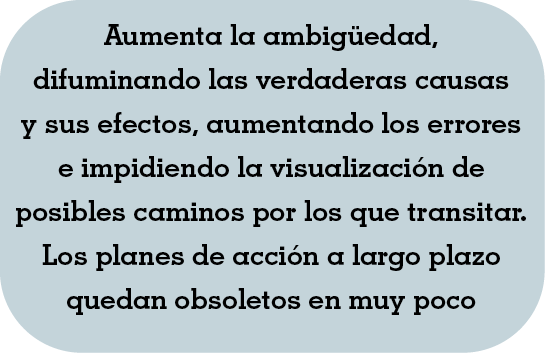 Aumenta la ambigüedad, difuminando las verdaderas causas y sus efectos, aumentando los errores e impidiendo la visual   