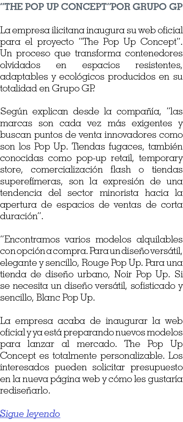 The Pop Up Concept por Grupo GP La empresa ilicitana inaugura su web oficial para el proyecto  The Pop Up Concept      